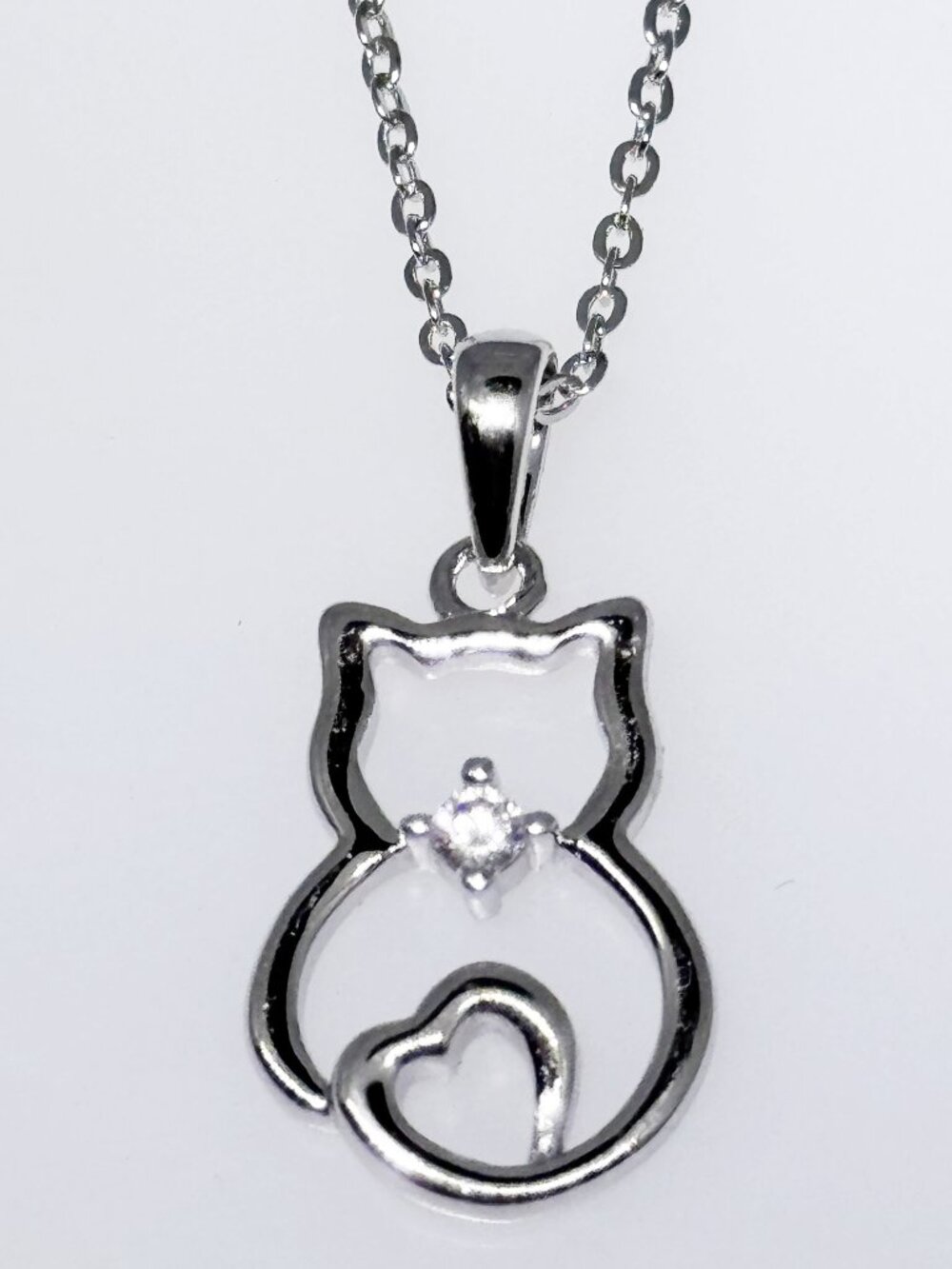 Sterling silver cat silhouette pendant necklace, cubic zirconia, NWOT